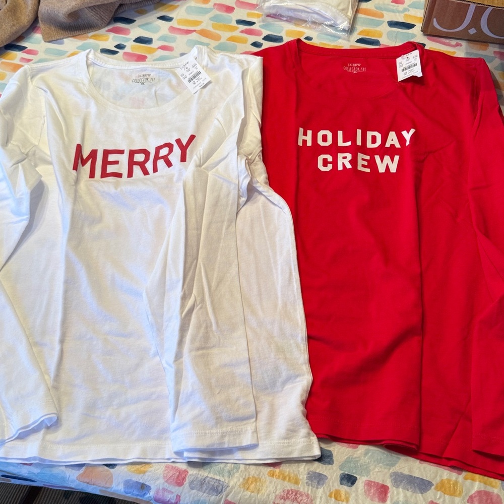 2 NWT J. Crew Long Sleeve holiday Tees - White and Red
